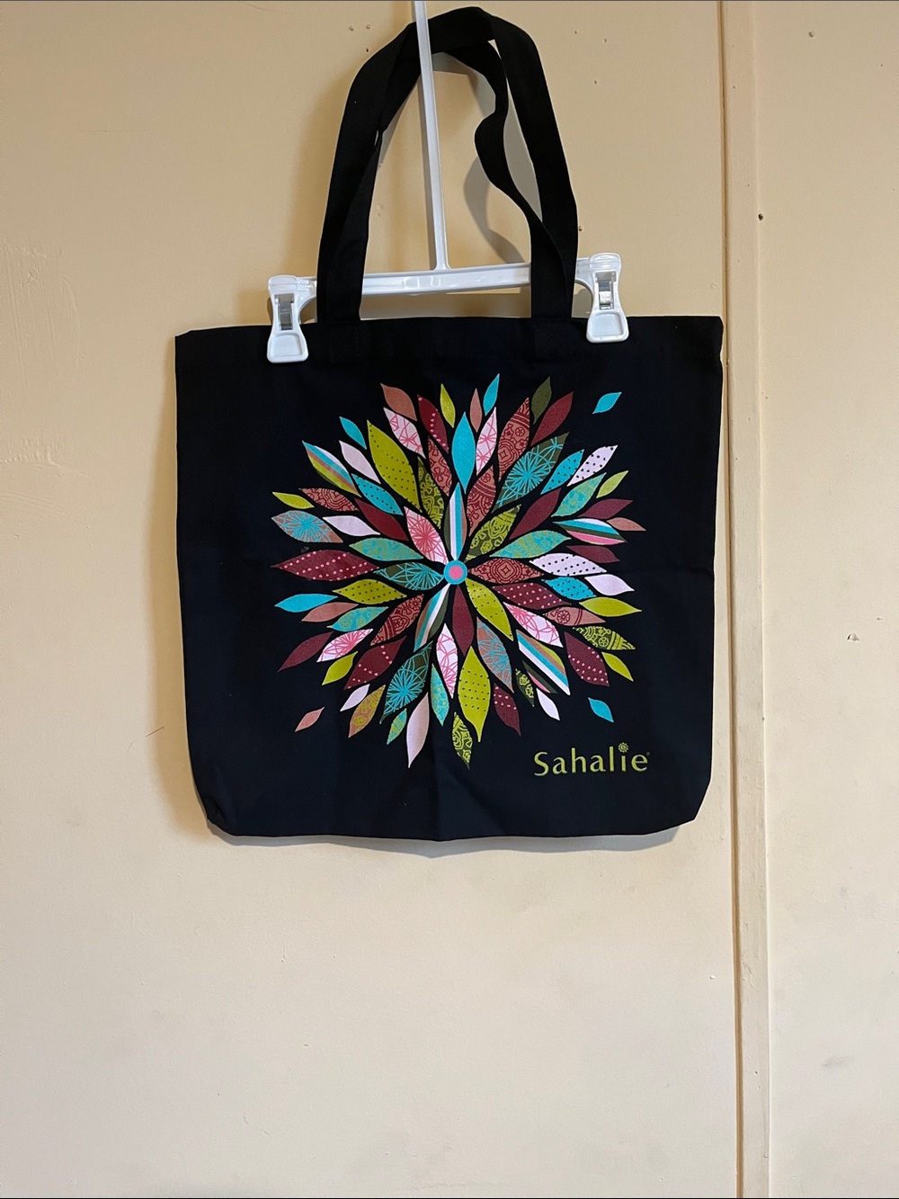 100% cotton sahalie Black Tote with Multicolored Floral Leaf Burst
